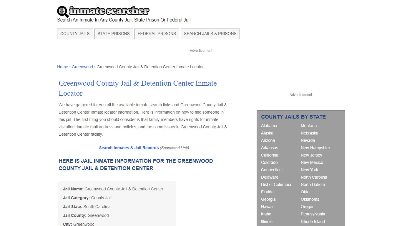 Greenwood County Jail & Detention Center Inmate Locator - Inmate Searcher